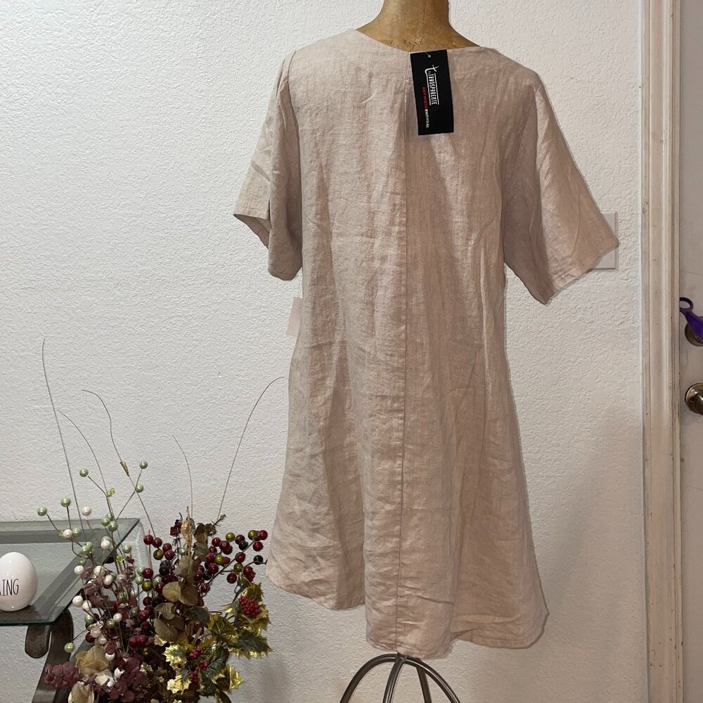 NWT Light Brown / Beige Print Linen Dress TRANSPARENTE sz 1 M L - Picture 3 of 4